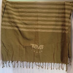 Teva 1984 Olive And Khaki Stripe With Fringe Scarf Roughly 30x60"